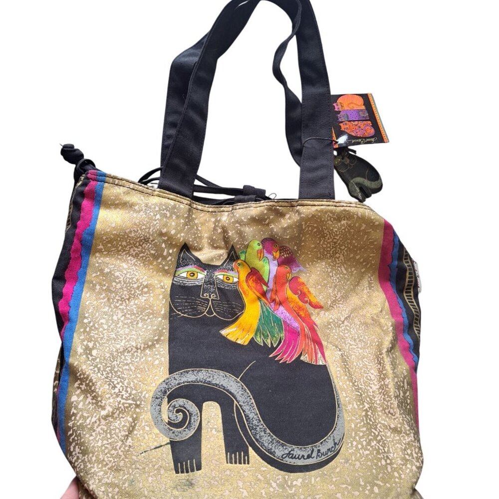 NWT Laurel Burch Cat Parrot Canvas Drawstring Tote Bag 12x14x8 Bag Charm READ